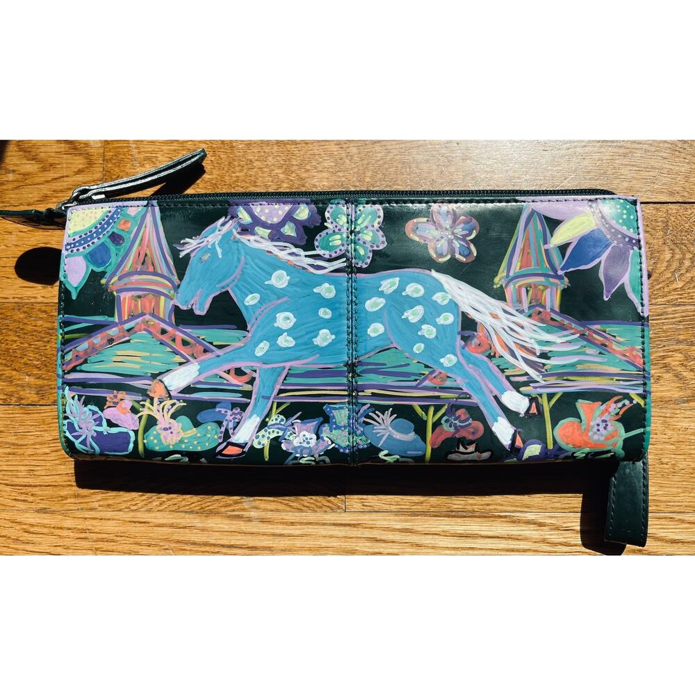 Talbots Genuine Leather heather green clutch hand painted one of a kind.